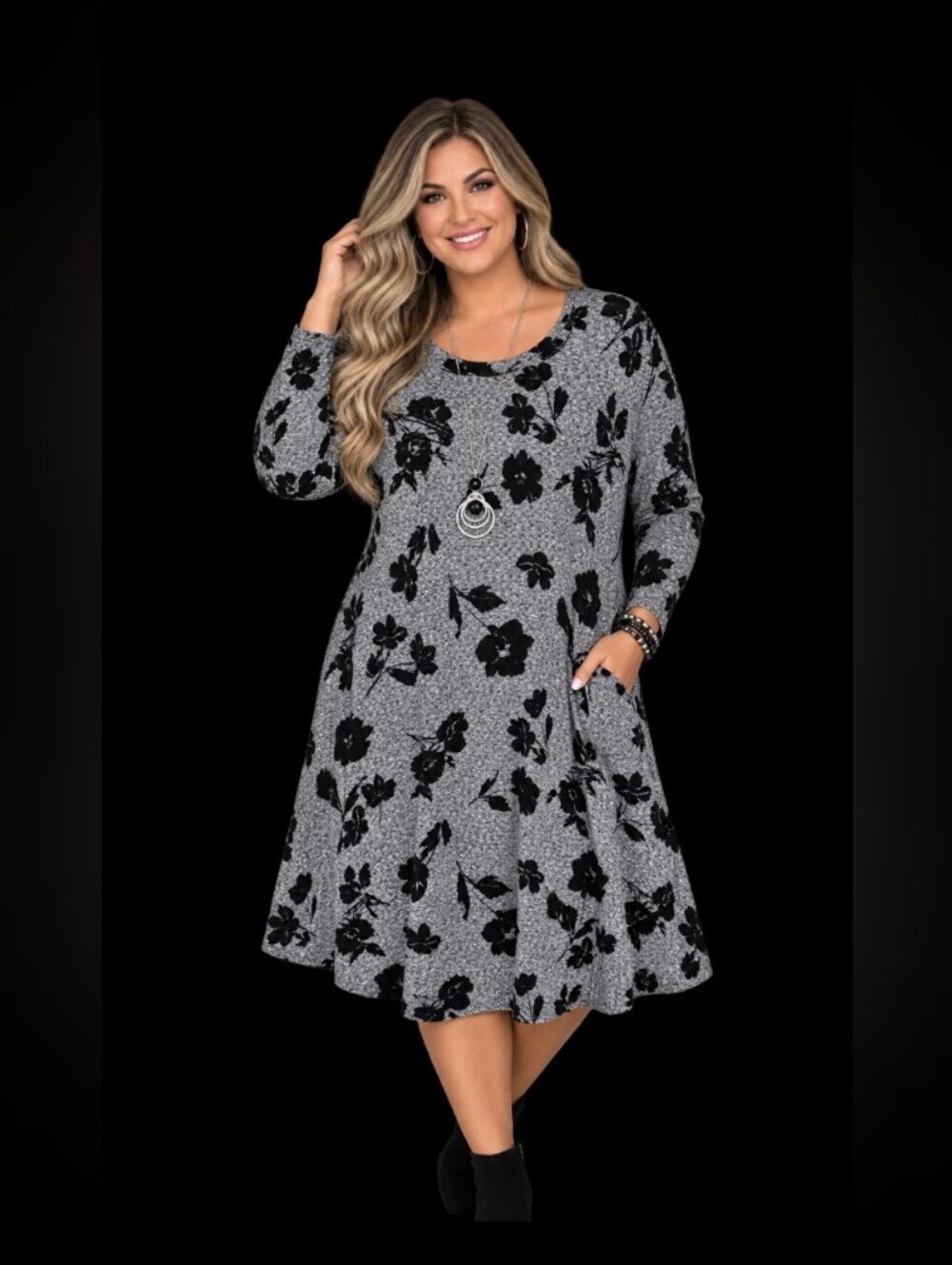 Apt 9 Women's Gray Floral A-Line Long Sleeve Knit Dress Size